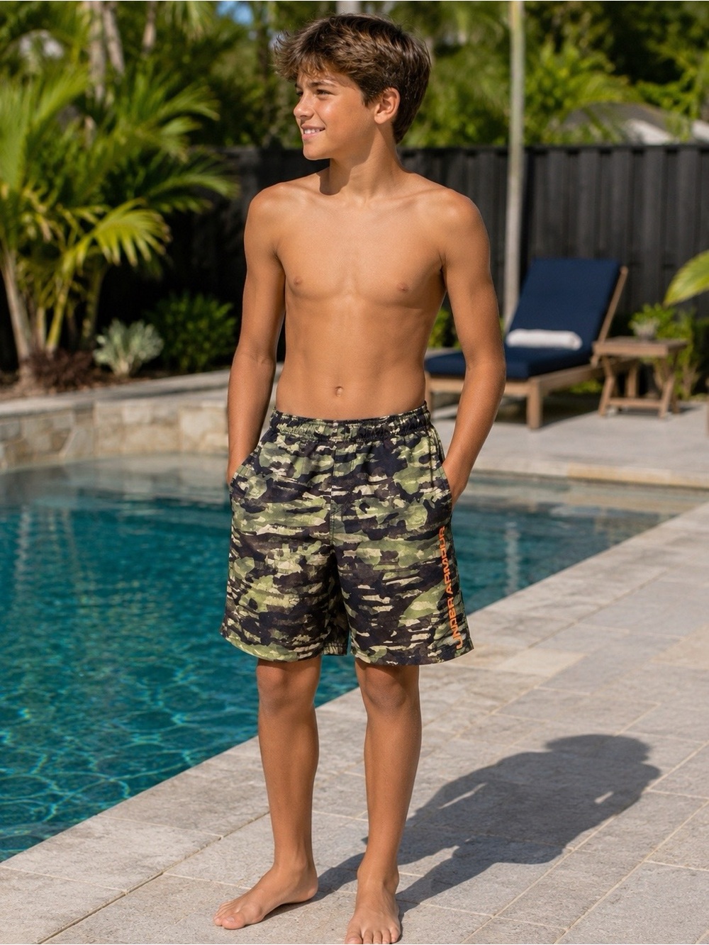 Under Armour Boys L Youth Camo Print Grit Volley Swim Trunks Shorts
